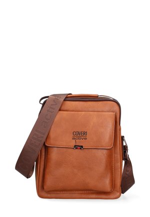 Sac bandoulière en cuir marron avec poche avant et bandoulière marron réglable embossée du logo "COVERI active".