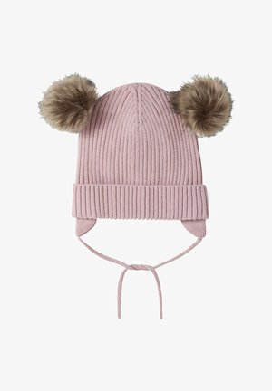 Pink ribbed knit winter hat with two brown faux fur pom-poms, ear flaps, and ties for securing under the chin.