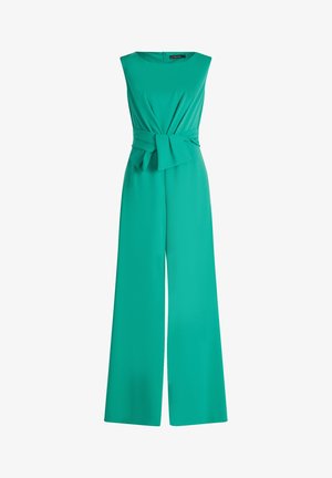 Ärmelloser grüner Jumpsuit mit tailliertem Oberteil, weiter Hose und einer vorderen Schleifendetail an der Taille. Glatter Stoff, einfarbig.