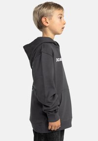 Donkergrijze hoodie met grote voorzak, ribgebreide manchetten en capuchon. Bevat een wit logo op de borst en een grafisch ontwerp op de achterkant.