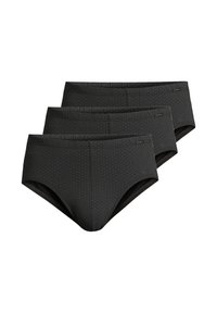 Set di tre slip neri, caratterizzati da un sottile motivo circolare, una cintura elastica e una texture liscia.