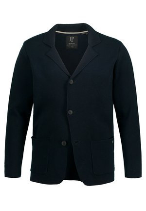 Donkerblauwe cardigan van textuurgebreid materiaal, met een sluiting met twee knopen, notch-kraag en twee voorzakken.