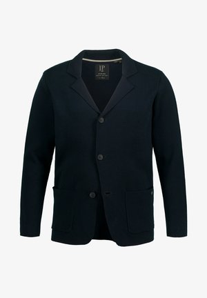 Cardigan bleu marine foncé avec un tricot texturé, comportant une fermeture à deux boutons, un col à revers et deux poches sur le devant.