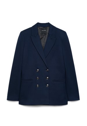 Blazer bleu marine croisé avec six boutons noirs, revers crantés et deux poches avant, taille small, étiqueté par Calliope.