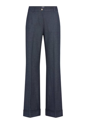 Donkerblauwe, rechte spijkerbroek van denim. Voorzien van een knoopsluiting, zakken en omgeslagen broekspijpen voor een verzorgde uitstraling.