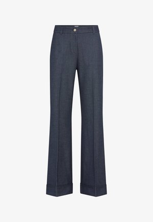 Dark blue, straight-leg trousers made of denim. Features a button closure, pockets, and cuffed hems for a tailored look.