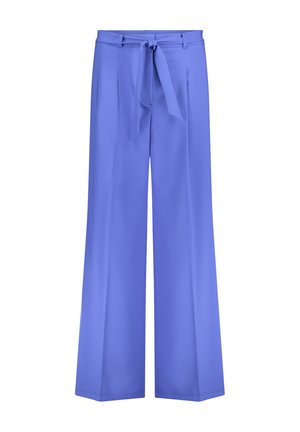 Bukser med vide ben i lys blå stof med en glat tekstur, udstyret med et taljebånd og et bundet bælte foran til justering.