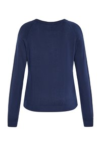 Dunkelblauer Strickpullover mit langen Ärmeln, Rundhalsausschnitt und gerippten Bündchen. Er hat eine glatte Textur und ein einfaches, klassisches Design.