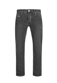 Fekete farmernadrág, slim fit szabással, gombos zárással, öt zsebbel és diszkrét varrási részletekkel. Sima textúra.