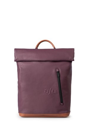 Purple leather backpack with a roll-top design, brown leather accents, and a front zip pocket. Simple embossed logo on the front.