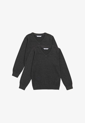 To mørke grå v-hals sweatere stablet ovenpå hinanden, lavet af blødt stof med ribbede manchetter og kant. Hver sweater har et minimalistisk design uden mønstre.
