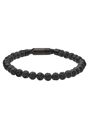 Pulsera de piedras de lava negra con cierre cilíndrico negro con un logo sutilmente grabado.