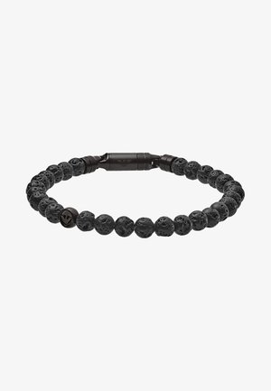 Pulsera de piedras de lava negra con cierre cilíndrico negro con un logo sutilmente grabado.