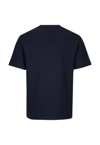 Marineblauwe katoenen t-shirt met korte mouwen, ronde hals en een eenvoudige uitstraling. De achterkant heeft een gladde textuur zonder extra details.