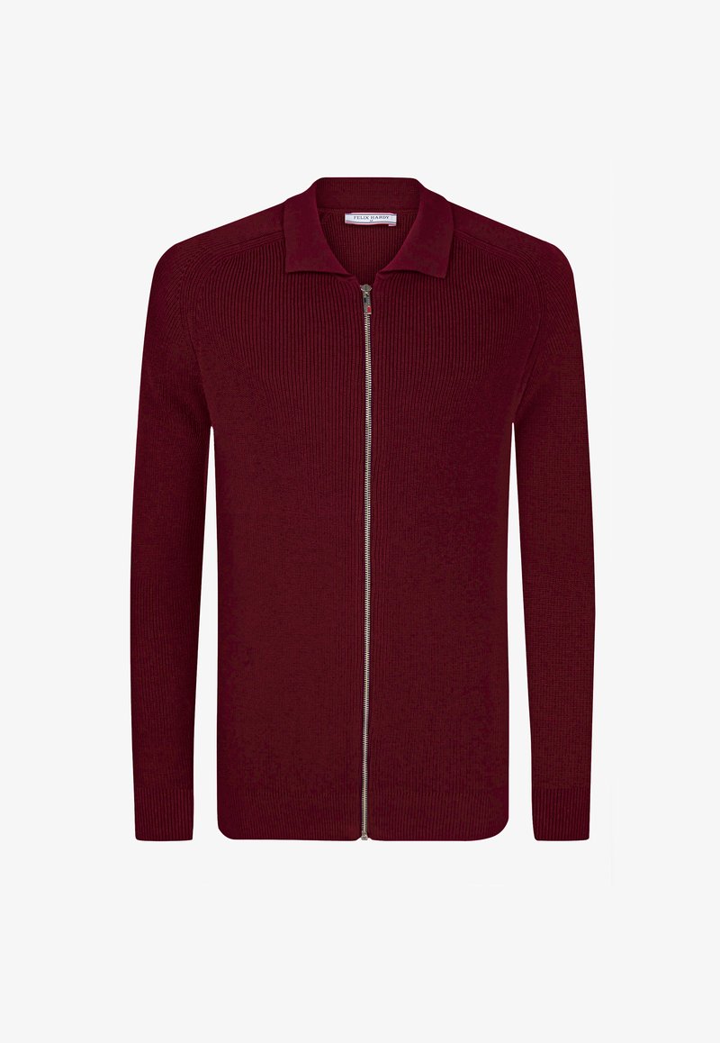 Burgundia värvi tõmblukkidega kardigan ribakanga tekstuuriga, lapik krae, pikad varrukad ja hõbedane tõmblukk. Klassikaline disain, kudum.