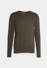 Maglione verde a maniche lunghe realizzato in morbido knit, con collo tondo e polsini e orlo a coste. Texture liscia, design semplice.
