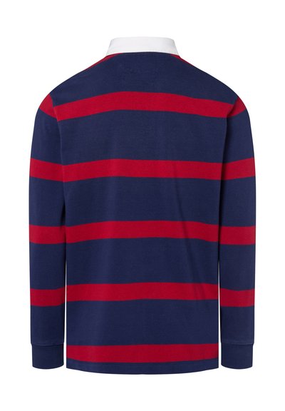 Langsleeve polo shirt met marineblauwe en rode horizontale strepen, witte kraag, van katoenmateriaal en geribde manchetten. Geen versieringen.