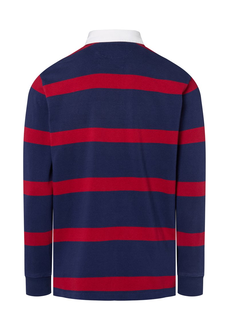 Langsleeve polo shirt met marineblauwe en rode horizontale strepen, witte kraag, van katoenmateriaal en geribde manchetten. Geen versieringen.