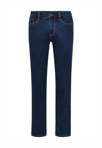 Dark blue denim jeans with a straight-leg cut, featuring front pockets and contrasting yellow stitching along seams and pocket edges.