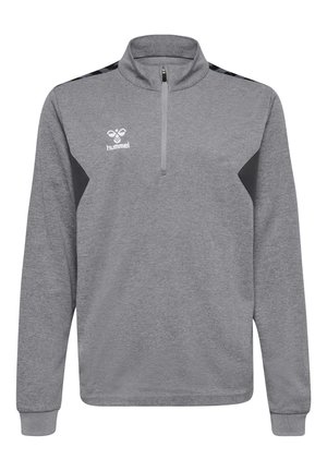Grauer Fleece-Pullover mit einem Viertel-Reißverschluss-Kragen, der schwarze seitliche Akzente und ein kleines weißes Logo auf der Brust aufweist. Strukturierter Stoff.