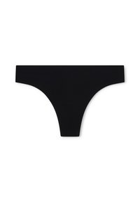 Zwarte naadloze stringonderbroek met een lage taille en minimale zijbedekking op een witte achtergrond.