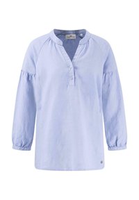 Camicia a maniche lunghe di colore blu chiaro con colletto, placket con bottoni e dettagli arricciati sulle spalle. Tessuto morbido e leggero.