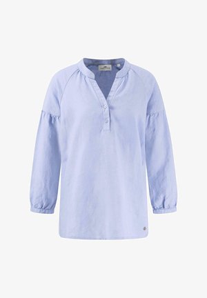 Hele sinise pika varrukaga pluus krae, nööpide reas ja õlgadel kogutud detailidega. Pehme, kerge kangastekstuuri.