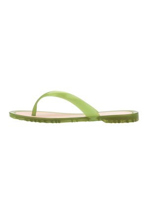Ciabatta verde traslucida con un design minimale, dotata di una cinghia liscia e una suola in gomma texturizzata. Gli accenti includono una soletta color pesca.