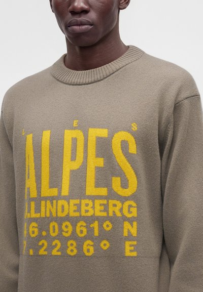 Homme portant un pull beige avec un grand texte jaune "ALPES" et des coordonnées "46.0961° N 7.2286° E" imprimés sur le devant.