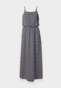 Robe maxi sans manches noire et blanche avec fines bretelles et motif géométrique ovale sur toute la surface.