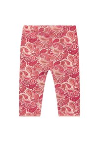 Leggings con un patrón de paisley en tonos de rosa y rojo, hechos de una tela suave con un diseño ajustado y una cinturilla elástica.