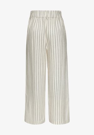 Beige wide-leg pants with vertical thin gray stripes and an elastic waistband, displayed flat against a white background.