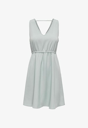 Lichtgroene mouwloze jurk met een V-hals, elastische taille en vloeiende rok. Zacht stof met een gladde textuur.