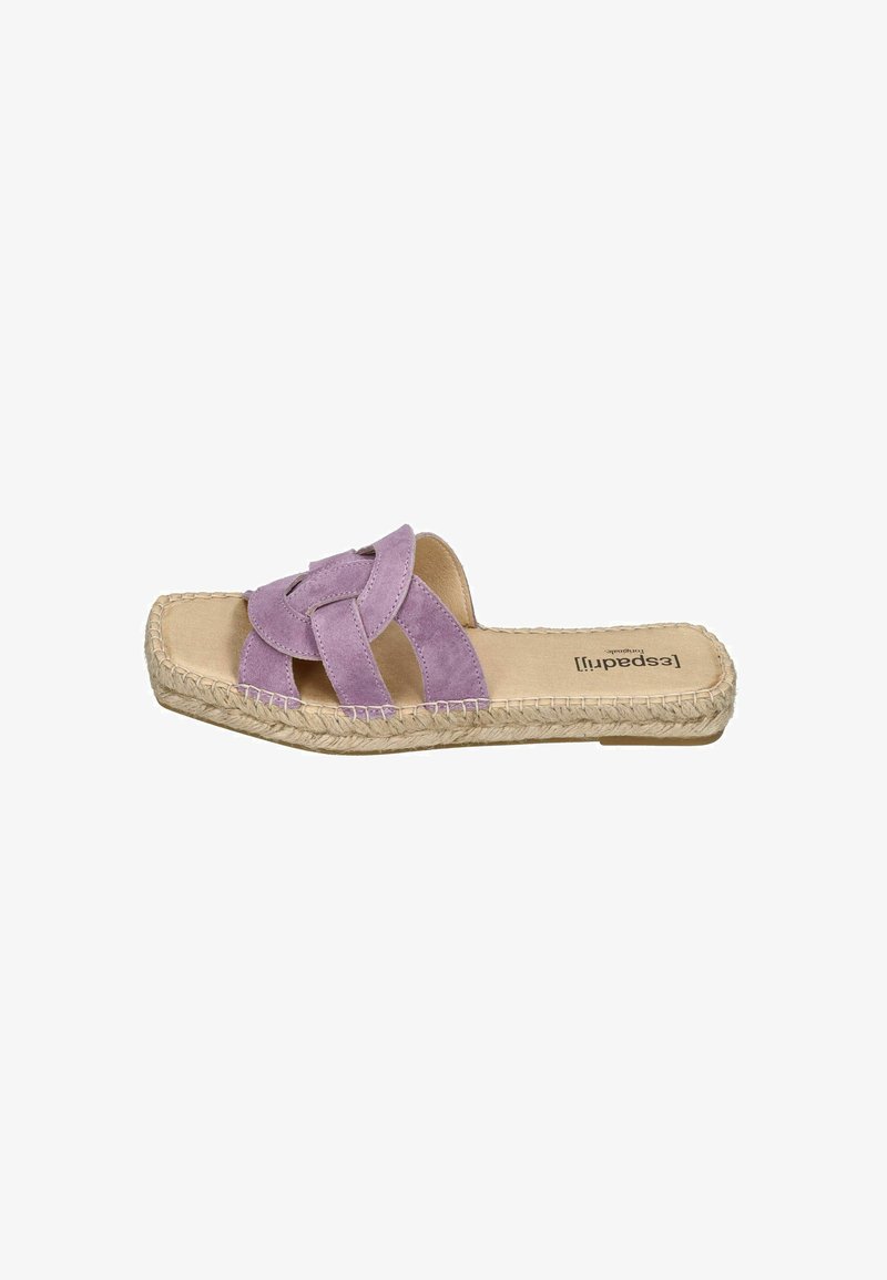 Purple suede slide sandal with braided jute sole. Features a woven design on the upper and a flat, open toe for easy wear.
