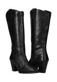 Zwarte leren kniehoge laarzen met een spitse neus en een taps toelopende hak. Heeft een gladde textuur en minimale details op de schacht.