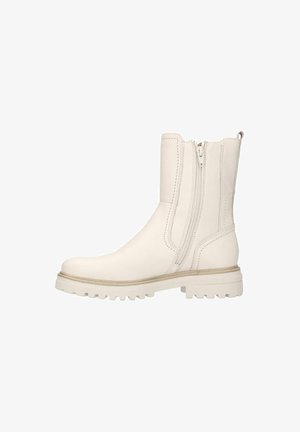 Witte enkelboots met een gladde leren textuur, ritsen aan de zijkant en een robuuste zool. Heeft een lage, gestapelde hak en minimalistische stiksels.
