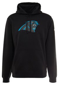 Schwarzer Kapuzenpullover aus weichem Stoff, mit einer Kängurutasche, verstellbarem Zugband an der Kapuze und einem blauen Panther-Logo auf der Brust.