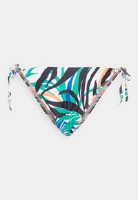 Parte de baixo de biquíni com laterais atadas, apresentando um vibrante padrão de folhas tropicais em verde, azul, laranja e preto sobre um fundo branco.