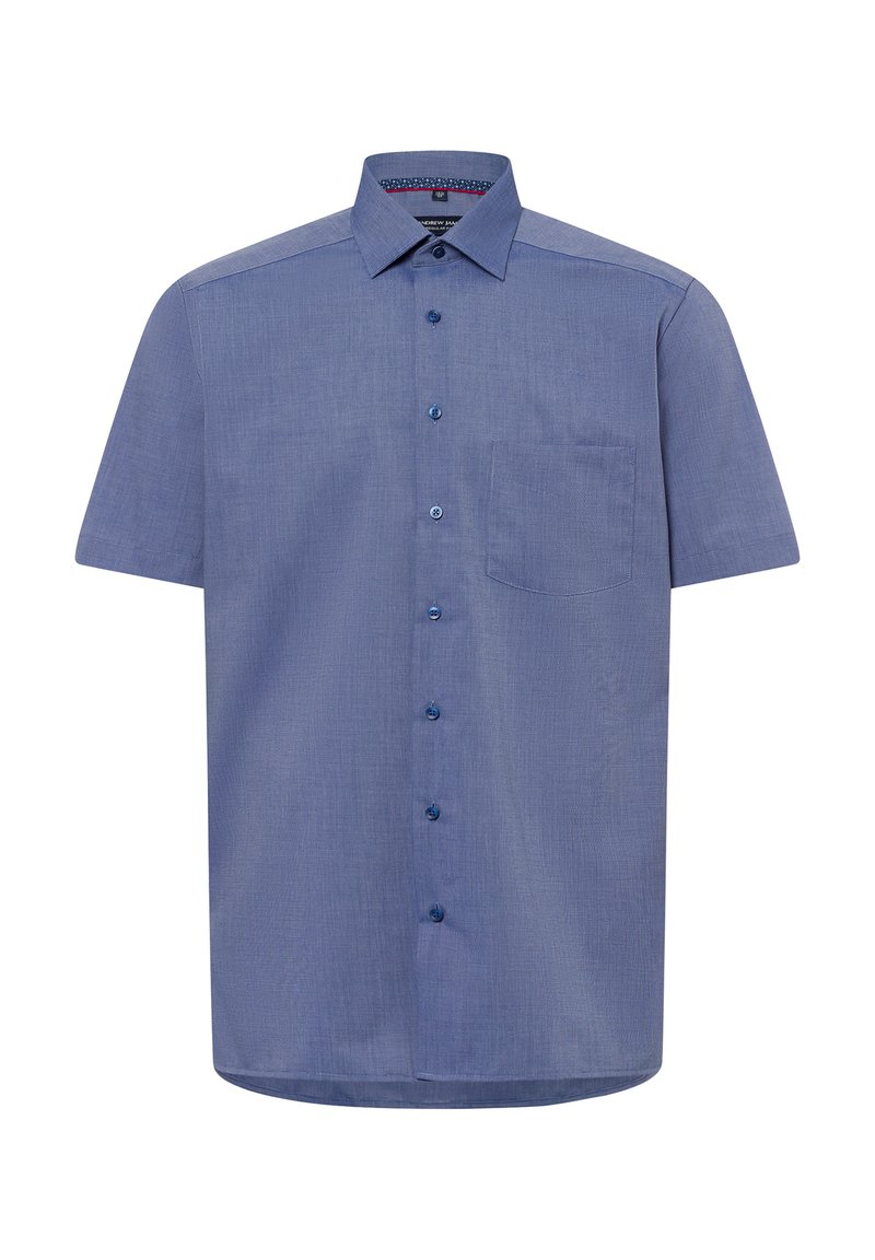 Kurze-Hemd mit Knöpfen aus hellblauem Stoff mit strukturierter Oberfläche, ausgestattet mit einer einzigen Brusttasche und blauen Knöpfen.