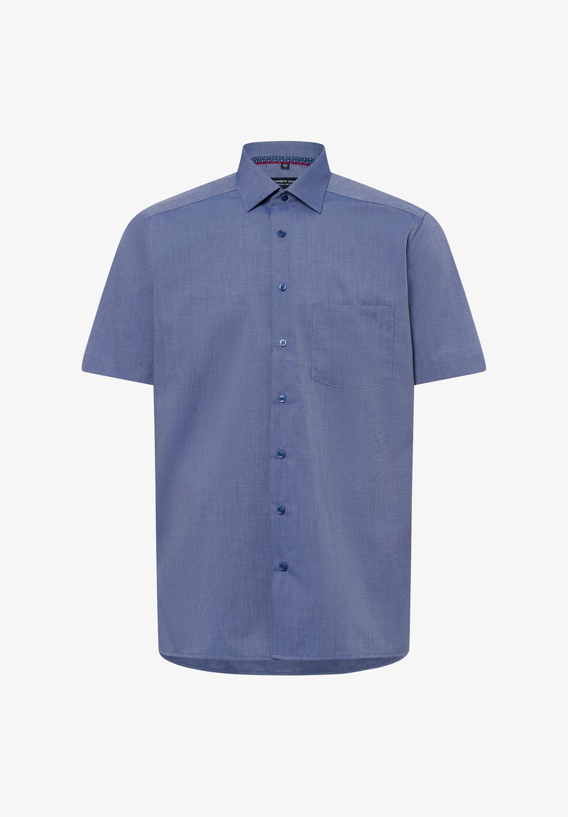 Kurze-Hemd mit Knöpfen aus hellblauem Stoff mit strukturierter Oberfläche, ausgestattet mit einer einzigen Brusttasche und blauen Knöpfen.
