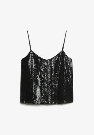 Czarny bezrękawnik typu camisole z cienkimi ramiączkami, pokryty błyszczącymi srebrnymi cekinami.