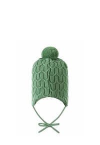 Knitted green hat featuring a textured pattern, rounded pom-pom on top, and ties for secure fastening under the chin.