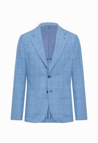 Hellblaues Herrenblazer mit kariertem Muster, Zwei-Knopf-Verschluss, abgestutzten Revers und aufgesetzten Fronttaschen.