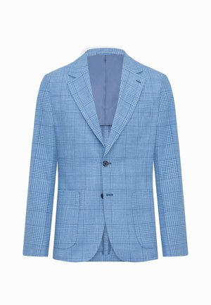 Blazer azul claro de hombre con patrón de cuadros, dos botones delanteros, solapas con muesca y bolsillos de parche delanteros.