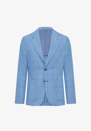 Lyseblå herreblazer med ternet mønster, to-knaps lukning, revers med hak og forlommer med klap.