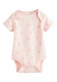 Hele roosakas lühikeste varrukatega beebibody, mis on valmistatud pehmest puuvillast. Disainis on roosakates ja rohelistes toonides lillemuster ning allosas on klõpsnööbid.