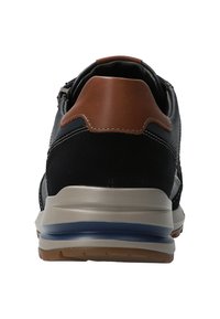 Men's black athletic shoes with a leather and suede upper, tan leather accent at the heel, cushioned sole, and textured outsole.