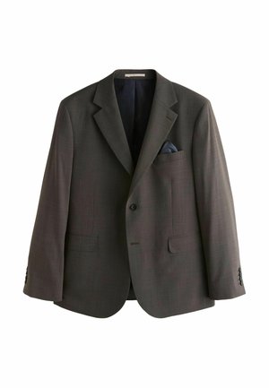 Dark gray single-breasted men's suit jacket with notch lapels, two front flap pockets, one chest pocket with navy pocket square, and buttoned cuffs.