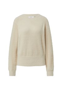 Cremefarbener, langärmeliger, flauschiger Strickpullover mit geripptem Rundhalsausschnitt, Bündchen und Saum, auf einem weißen Hintergrund abgebildet.