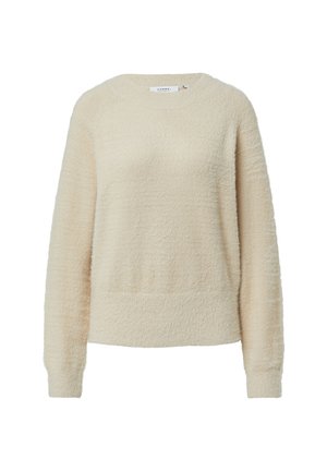 Cremefarbener, langärmeliger, flauschiger Strickpullover mit geripptem Rundhalsausschnitt, Bündchen und Saum, auf einem weißen Hintergrund abgebildet.